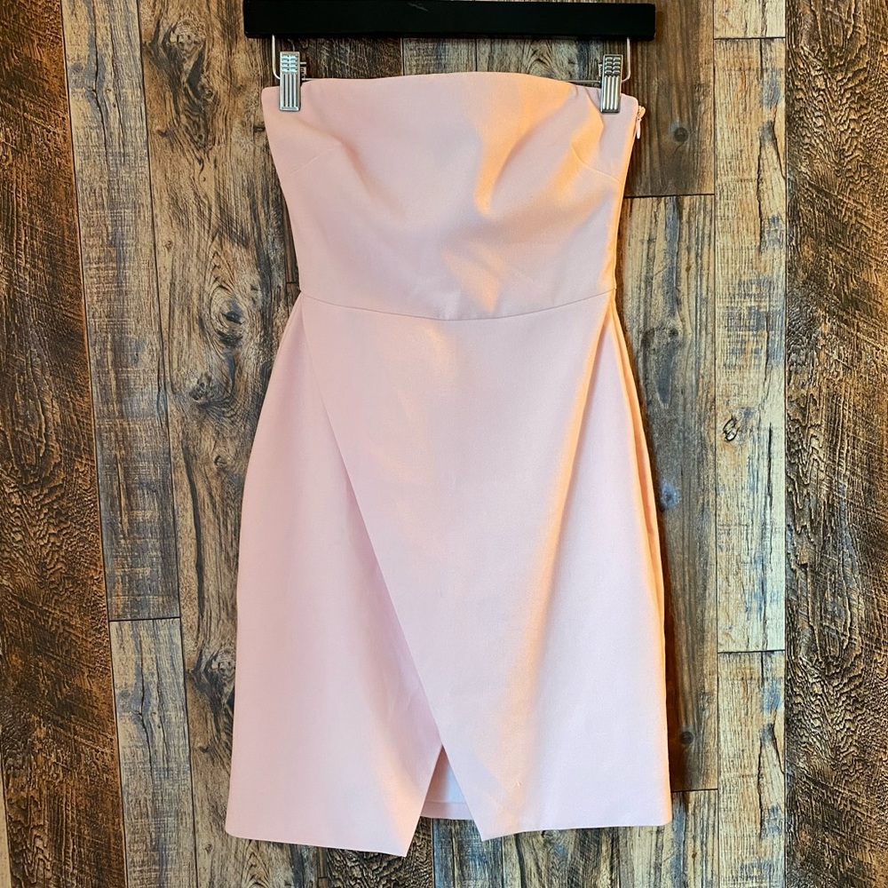 Likely strapless blush pink dress, fold over envelope style skirt